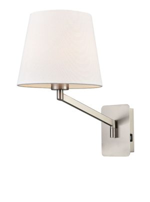 Franklite Blyton swing arm wall light in satin nickel with USB and off-white linen shade on white background.