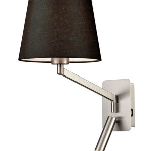 Franklite Blyton swing arm wall light with LED reading light and USB port in satin nickel with black shade on white background.