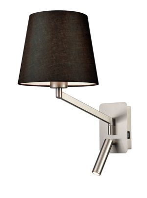 Franklite Blyton swing arm wall light with LED reading light and USB port in satin nickel with black shade on white background.