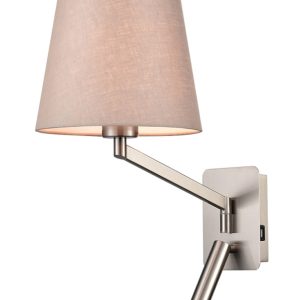 Franklite Blyton swing arm wall light with LED reading light and USB port in satin nickel with taupe shade on white background.