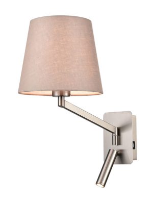 Franklite Blyton swing arm wall light with LED reading light and USB port in satin nickel with taupe shade on white background.