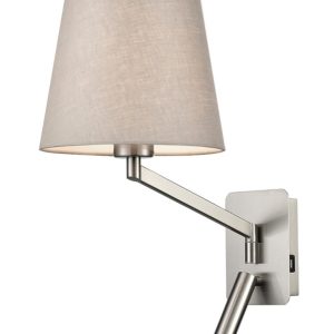 Franklite Blyton swing arm wall light with LED reading light and USB port in satin nickel with grey shade on white background.