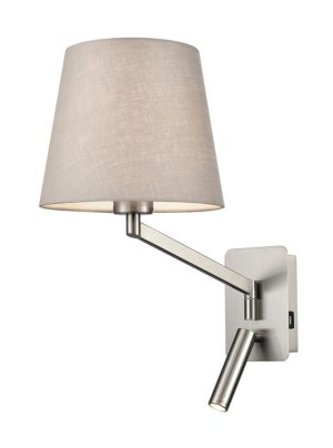 Franklite Blyton swing arm wall light with LED reading light and USB port in satin nickel with grey shade on white background.