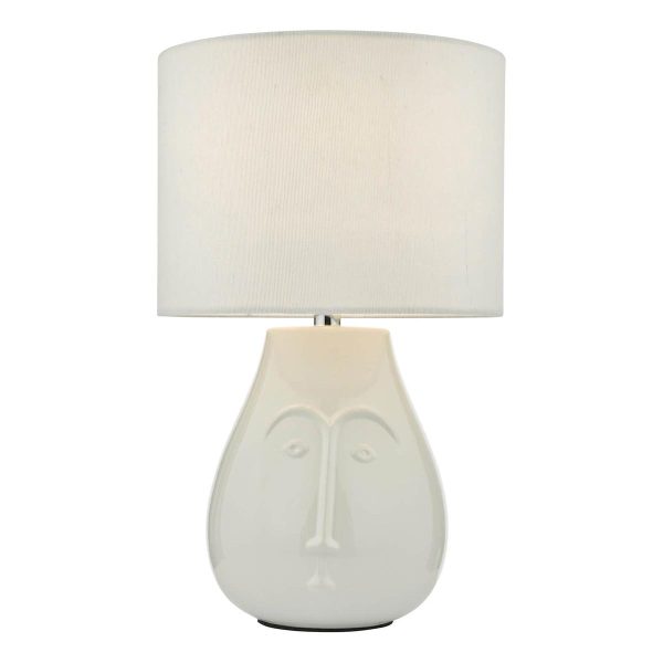 Boris white ceramic table lamp with white cotton shade on white background