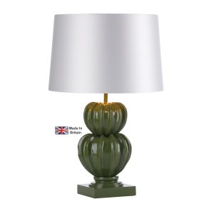 Botany handmade pumpkin table lamp base only in juniper green shown with swan satin shade lit