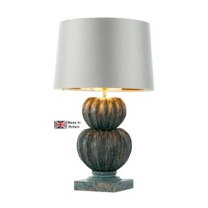 Botany handmade pumpkin table lamp base only in verdigris shown with swan satin shade lit