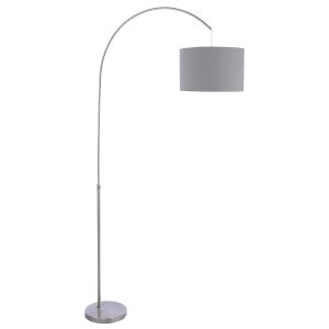 Bow arc floor lamp in satin nickel with grey linen shade on white background lit