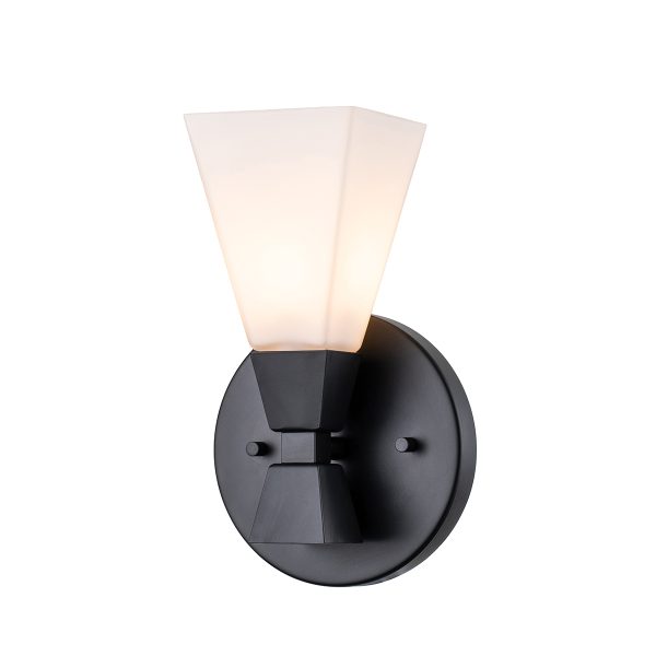 Bowtie 1 light matte black bathroom wall light, main image on white background.