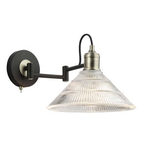 Boyd switched swing arm wall light in antique brass on white background lit