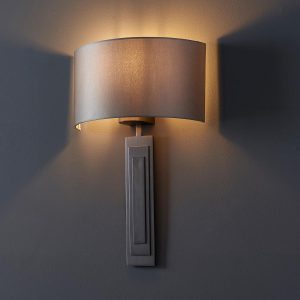 Flat panel wall light in brushed bronze with mink half shade main image