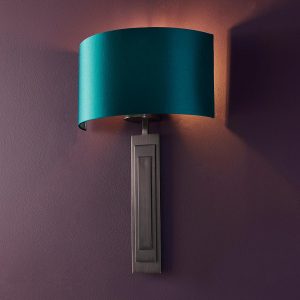 Flat panel wall light in brushed bronze with teal half shade main image