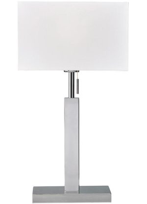 Brooke modern bedside table lamp in polished chrome with white box shade