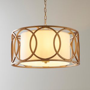 Brushed gold geometric 4 light ceiling pendant with white fabric inner shade main image
