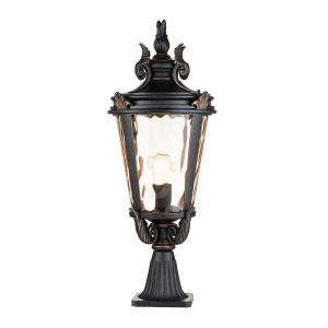 Baltimore 1 light large pedestal lantern in weathered bronze on white background, lit.