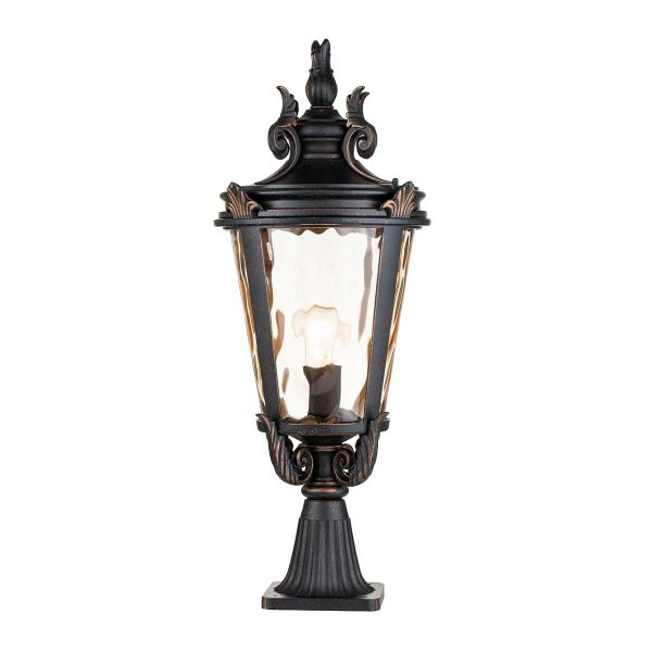Baltimore 1 light large pedestal lantern in weathered bronze on white background, lit.