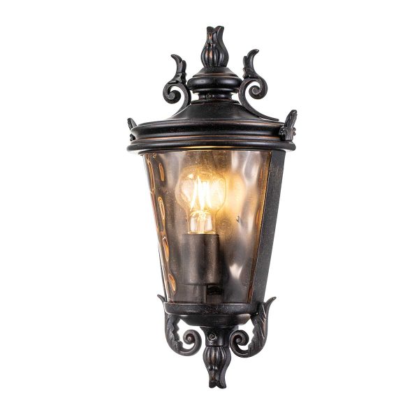 Baltimore 1 light outdoor wall half lantern in weathered bronze on white background, lit.