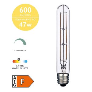 Dimmable E27 6w LED tube light bulb in warm white with 600 lumen, showing bulb and features