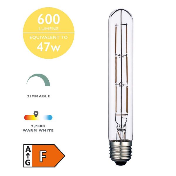 Dimmable E27 6w LED tube light bulb in warm white with 600 lumen, showing bulb and features