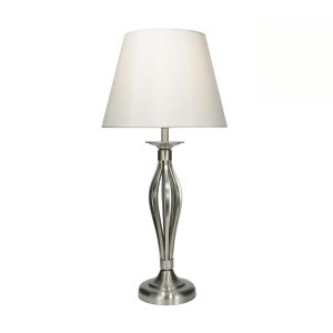 Bybliss 1 light table lamp in satin chrome with cream shade on white background