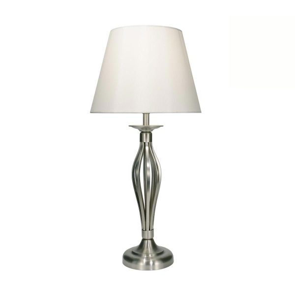 Bybliss 1 light table lamp in satin chrome with cream shade on white background