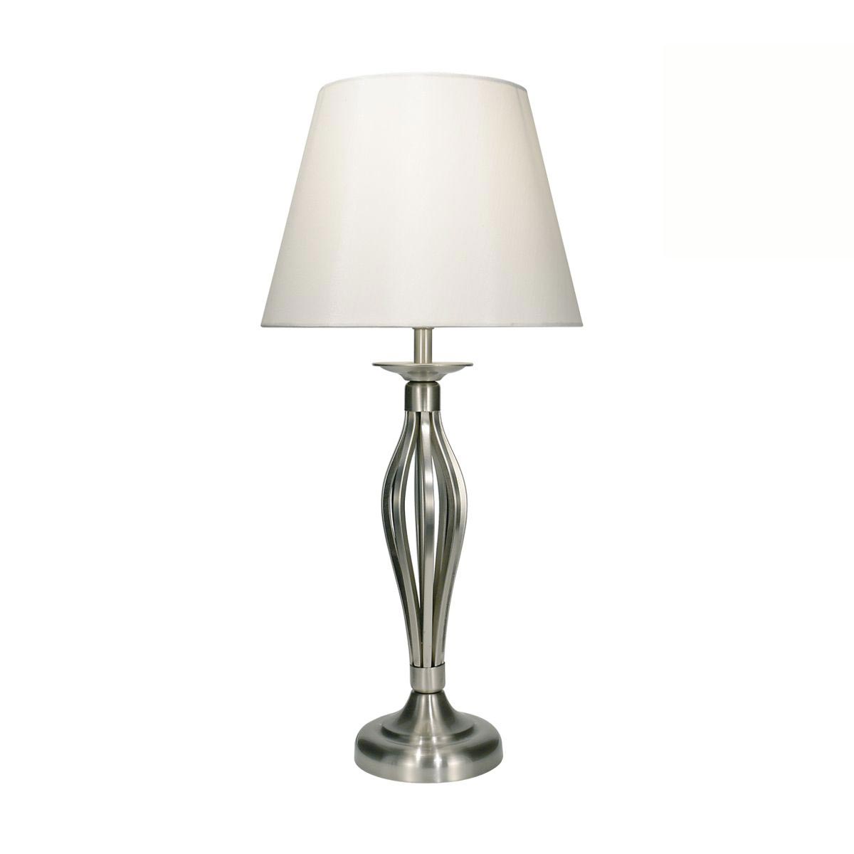 Bybliss 1 light table lamp in satin chrome with cream shade on white background