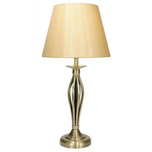 Bybliss 1 light table lamp in antique brass with gold shade on white background