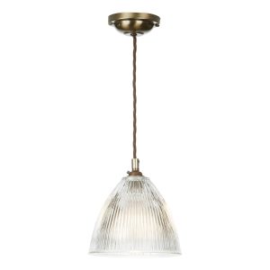 Cambridge 1 light pendant in solid antique brass with ribbed glass shade lit