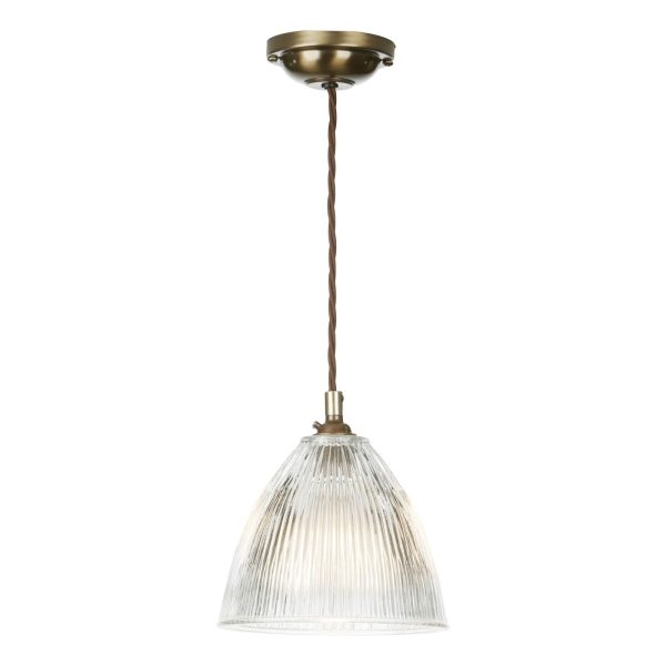 Cambridge 1 light pendant in solid antique brass with ribbed glass shade lit