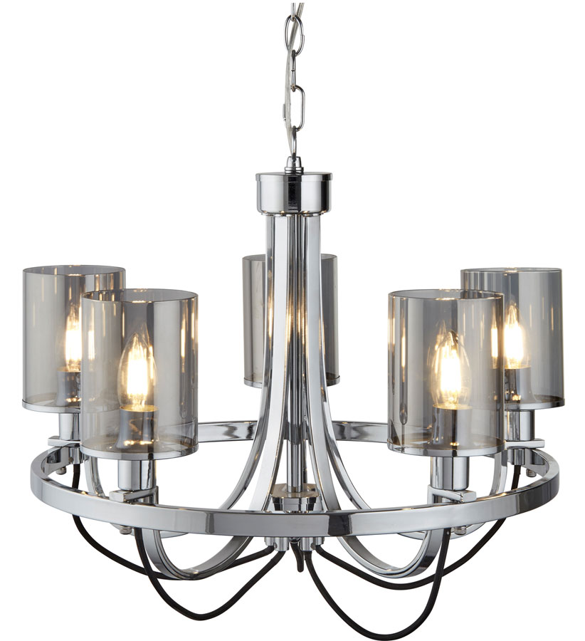 Catalina 5 Light Chandelier Polished Chrome Smoked Glass Shades