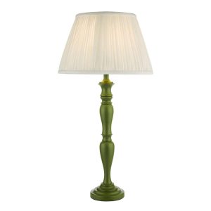 Dar Caycee 1 light wooden table lamp in green with ivory shade on white background