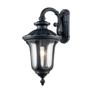 Elstead Chicago 1 light medium outdoor wall lantern in textured black on white background, lit.