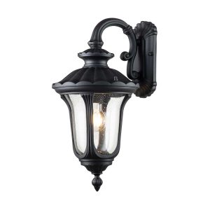 Elstead Chicago 1 light small outdoor wall lantern in textured black on white background, lit.
