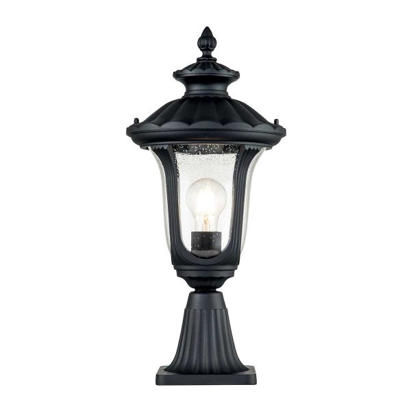 Elstead Chicago 1 light traditional pedestal lantern in textured black, main image on white background.