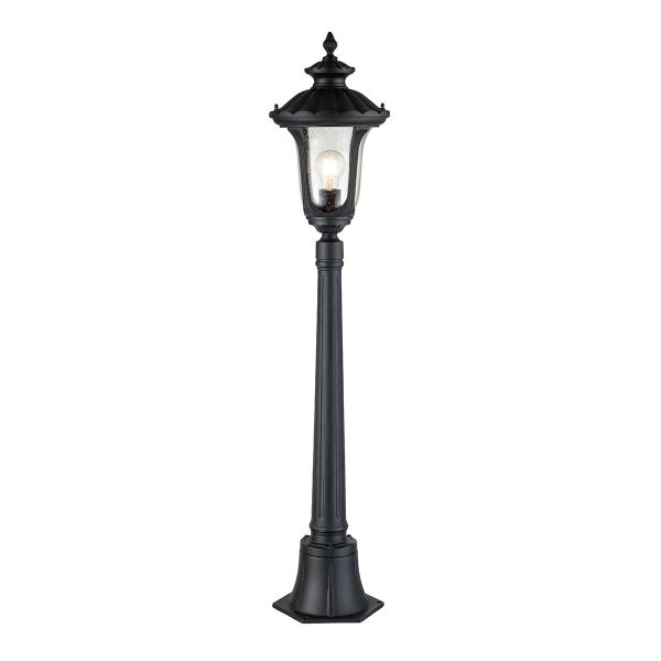 Elstead Chicago 1 light traditional pillar lantern in textured black on white background, lit.