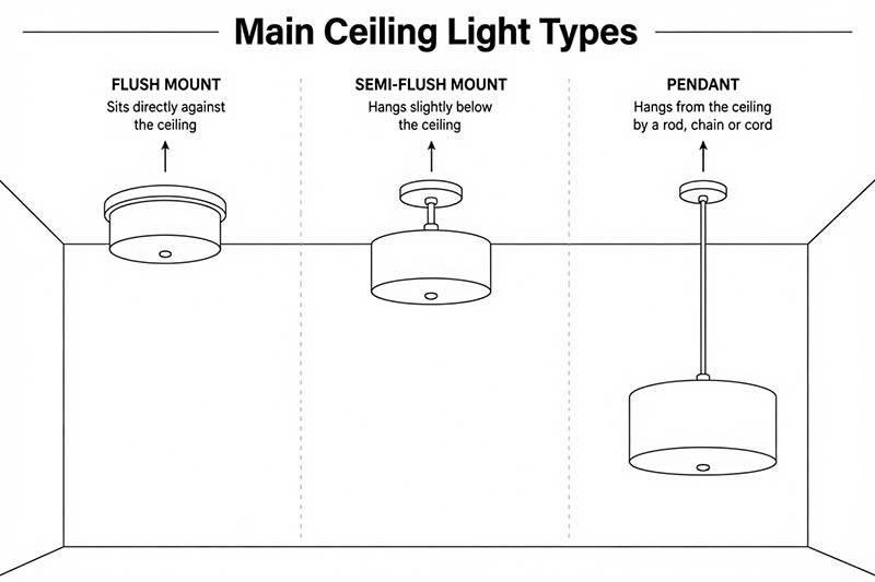 Line drawing showing the three main ceiling light types, flush, semi flush and pendant.