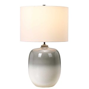 Chalk farm 1 light grey and chalk white ceramic table lamp on white background, lit.