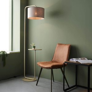 Champagne finish 1 light floor lamp with side table and grey drum shade main image