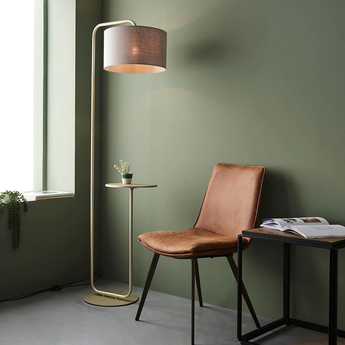 Champagne 1 Light Floor Lamp With Side Table And Grey Drum Shade