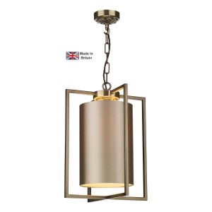 Chiswick 1 light ceiling pendant in antique brass finish with bespoke shade shown on white background lit