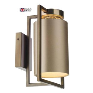 Chiswick single wall light in antique brass with bespoke shade on white background lit