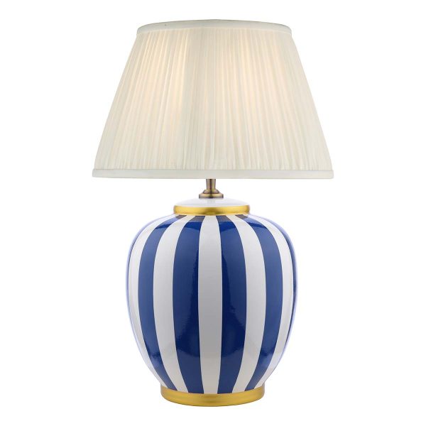 Circus blue and white ceramic table lamp with ivory shade on white background