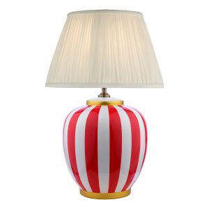 Circus red and white ceramic table lamp with ivory shade on white background