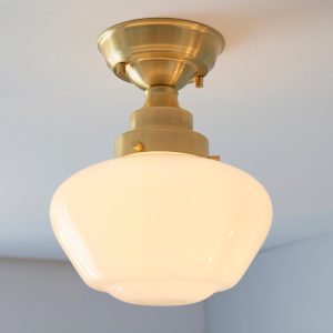 Timeless nantural brass 1 light semi flush low ceiling light with opal glass shade main image