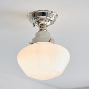 Timeless polished nickel 1 light semi flush low ceiling light with opal glass shade main image