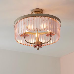 Classic 3 light rose pink cut glass semi flush low ceiling light in champagne main image