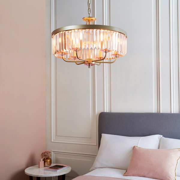 Classic round 6 light pink cut glass chandelier in champagne main image