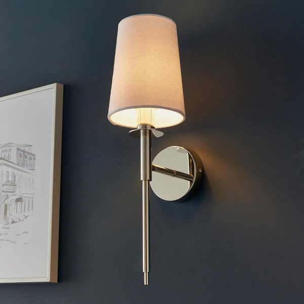 Classic polished nickel plated single wall light with white fabric shade main image