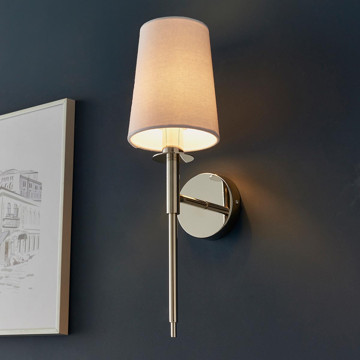 Classic Polished Nickel Single Slimline Wall Light White Fabric Shade