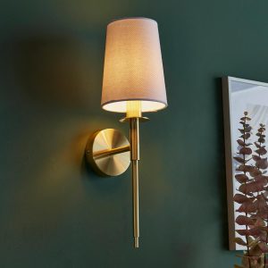 Classic satin brass plated single wall light with white fabric shade main image