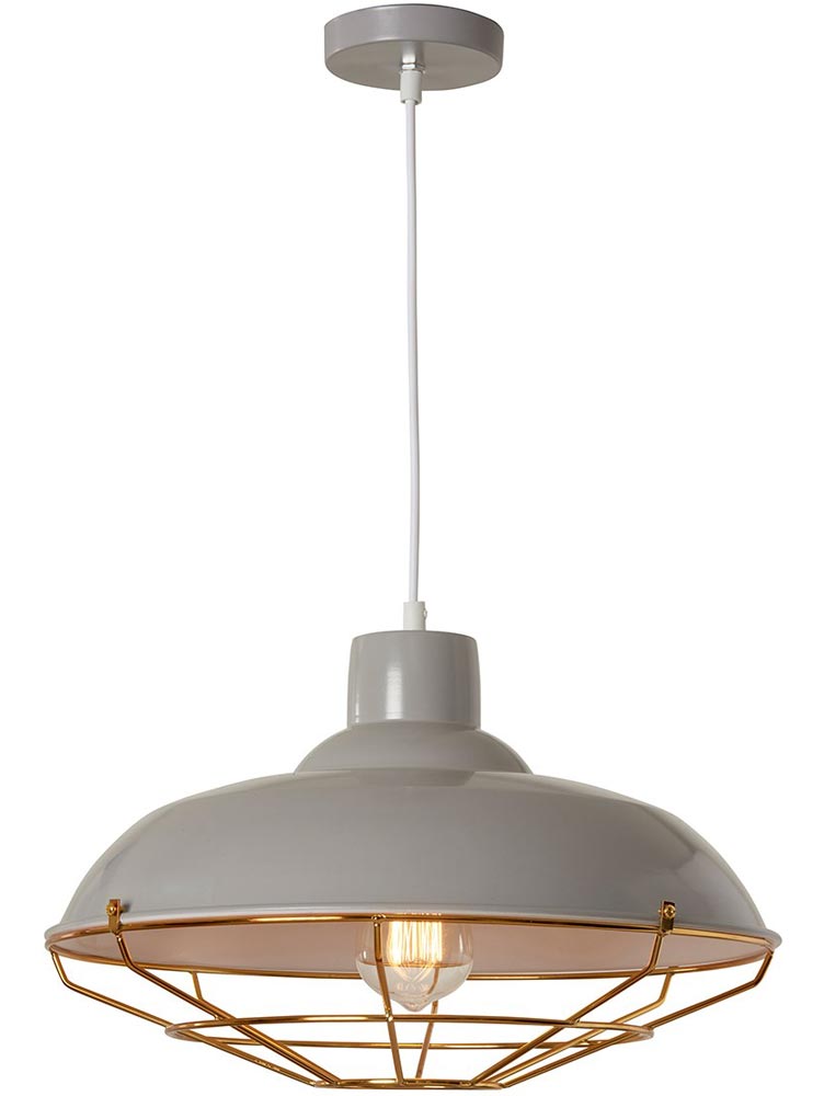 Cobden 1 Light Industrial Pendant Ceiling Light Soft Grey Copper Cage